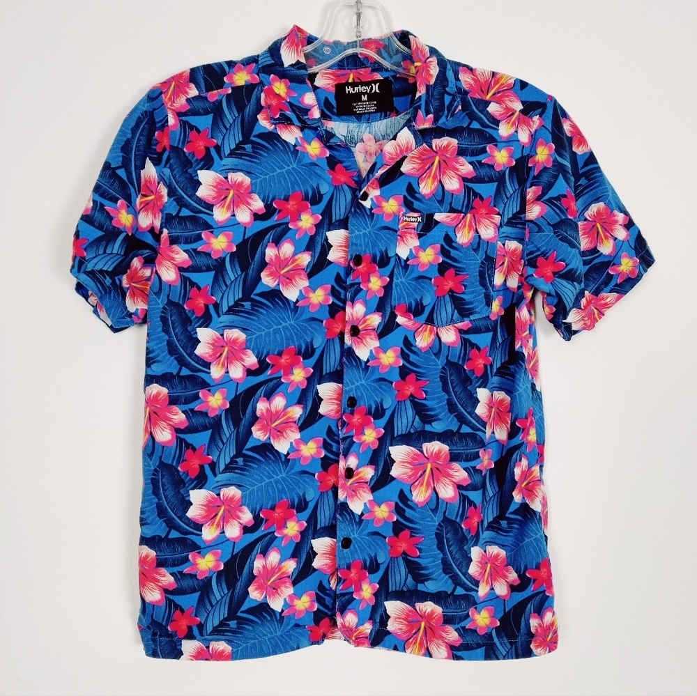 Hurley Kids' Tropical Floral Print Button-Down Shirt Size Medium Hawaiian Beach